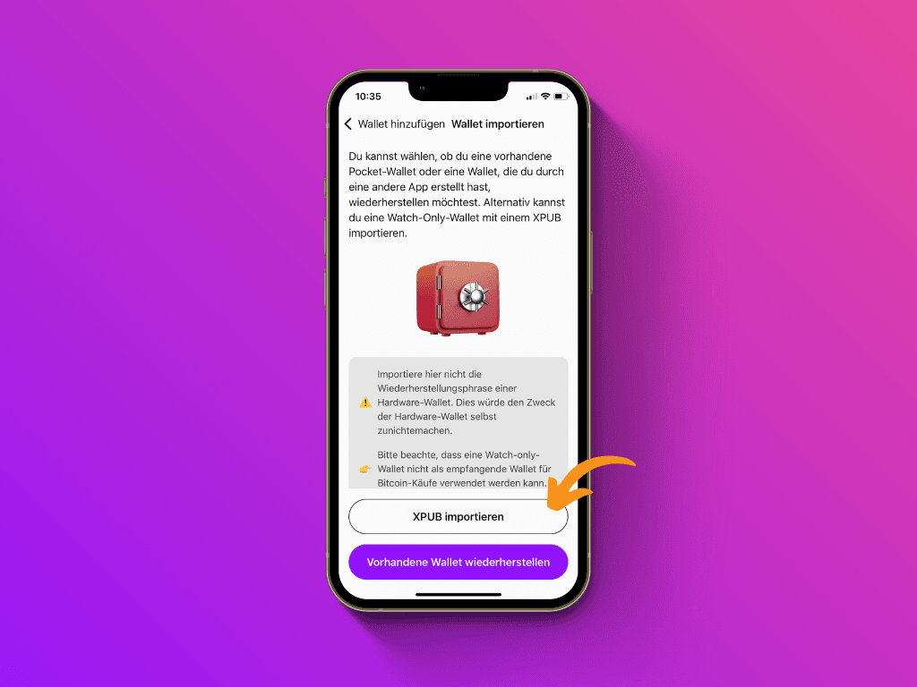 Bildschirmfoto der Pocket App mit Zeiger auf den Button "XPUB importieren"