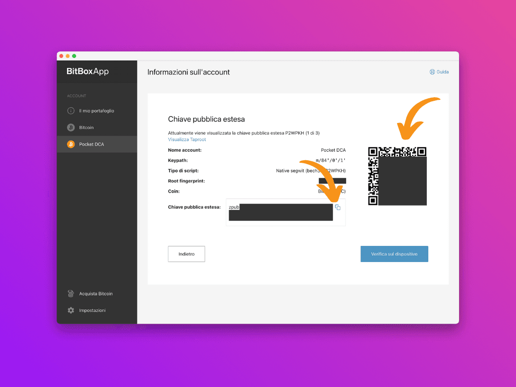 Schermata della BitBoxApp con le informazioni sulla chiave pubblica estesa