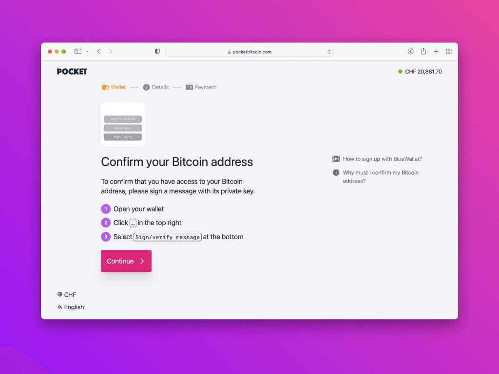 Screenshot of the Pocket website asking you to confirm the Bitcoin address