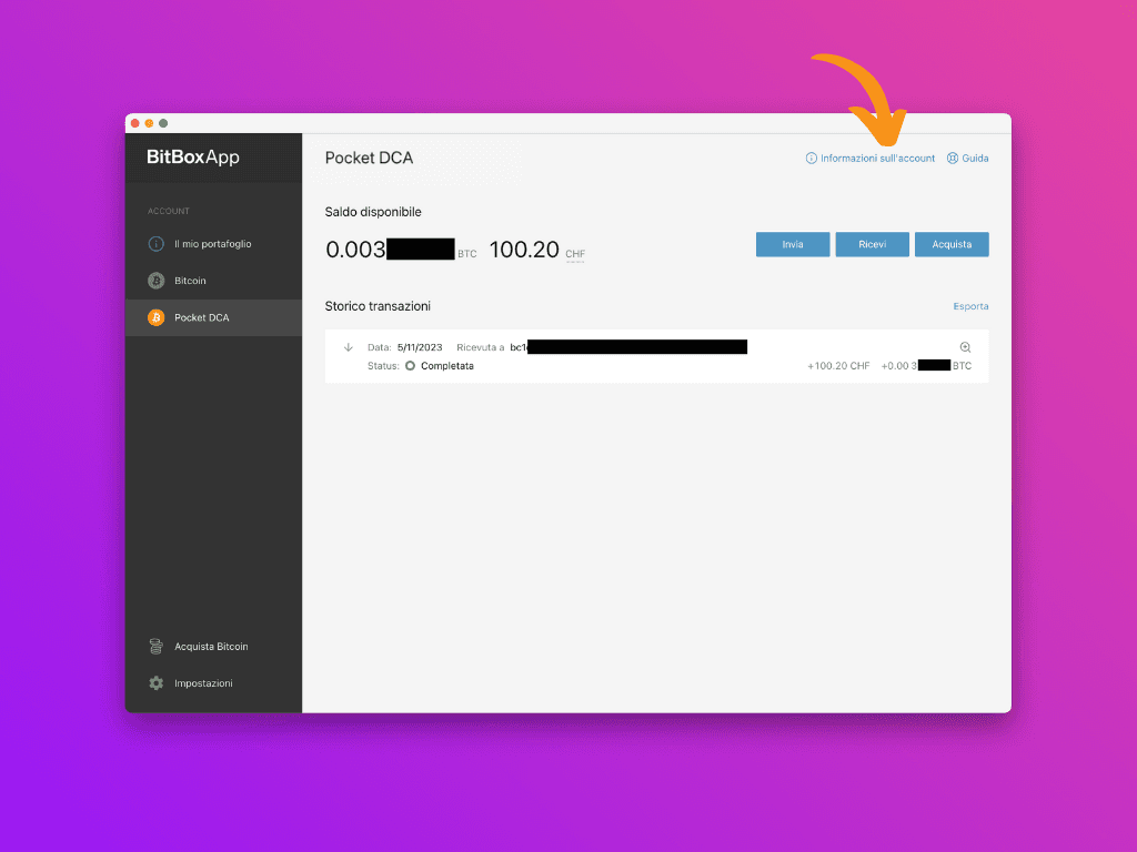 Schermata della BitBoxApp con il puntatore sul link "Informazioni sull'account"