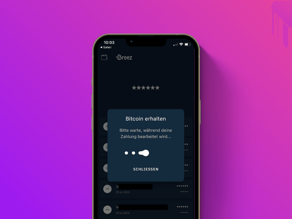Bildschirmfoto des Zahlungsanfrage-Versendet-Screens der Breez App