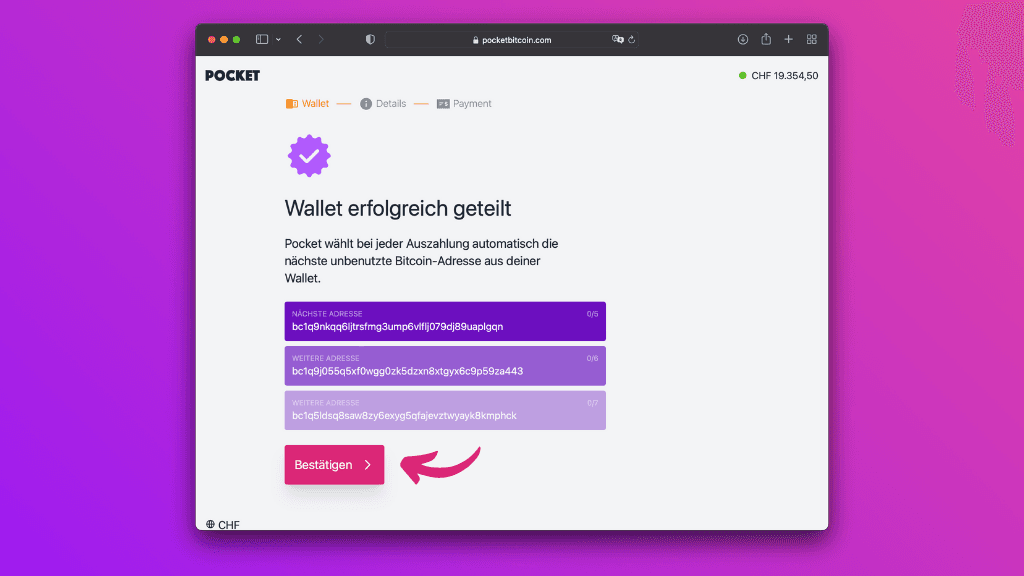 Bildschirmaufnahme der Pocket Website mit der erfolgreich geteilten Bitcoin-Wallet-Adressen