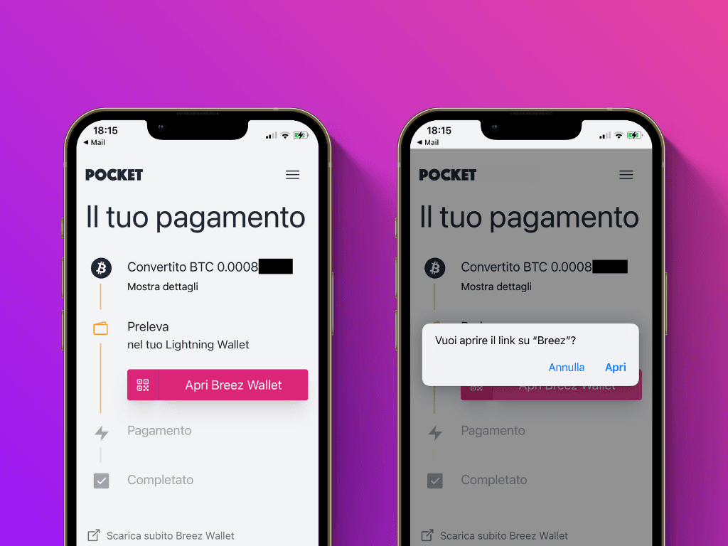 Screenshot della schermata di pagamento nel processo di ricarica lightning di Pocket