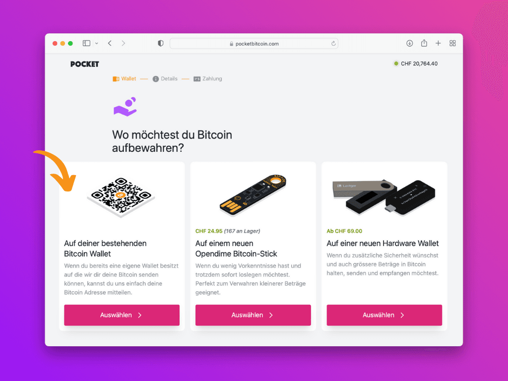 Bildschirmfoto der Pocket-Website mit der Option bestehende Bitcoin-Wallet