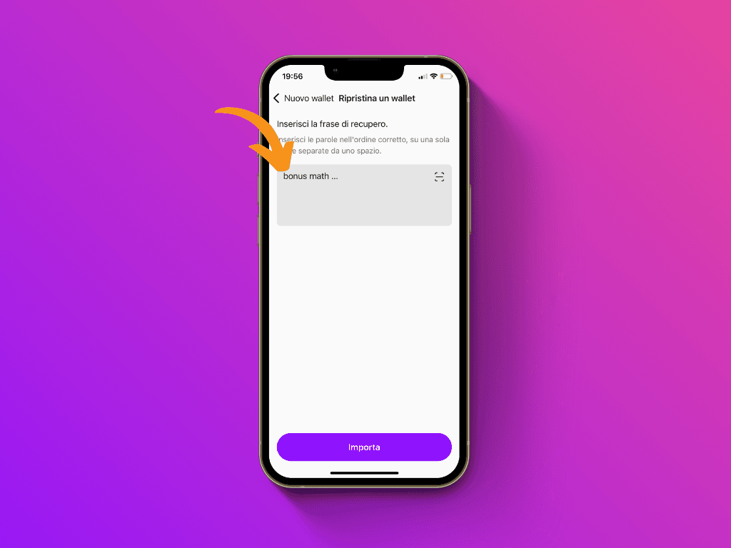 Schermata dell'App Pocket durante la fase di importazione del wallet