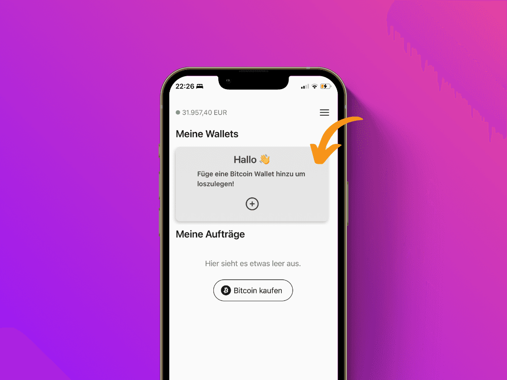 Bildschirmfoto der Pocket App mit Zeiger auf die Schaltfläche "Wallet hinzufügen"
