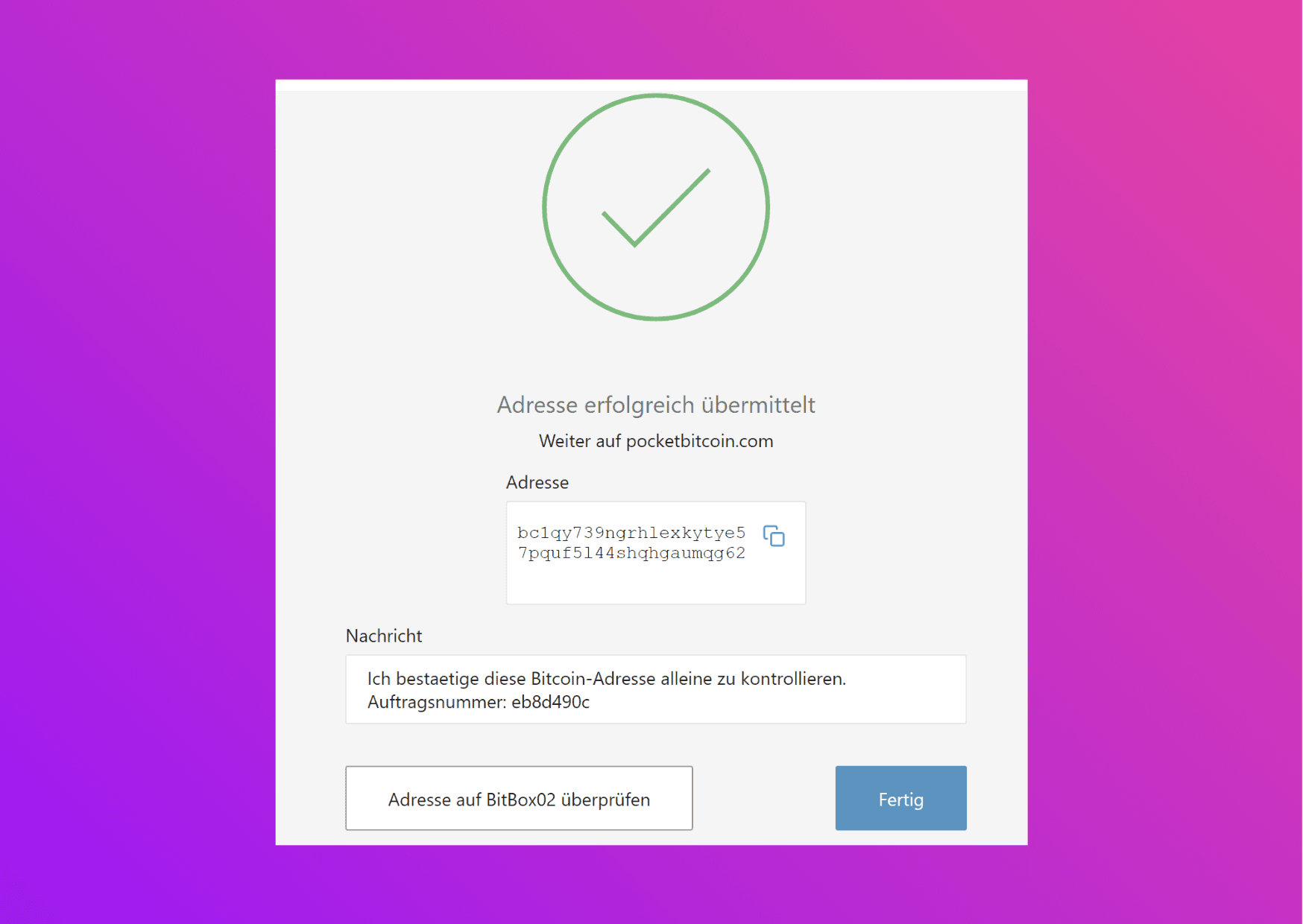 Bildschirmfoto mit der BitboxApp mit der Bestätigung der Adresse