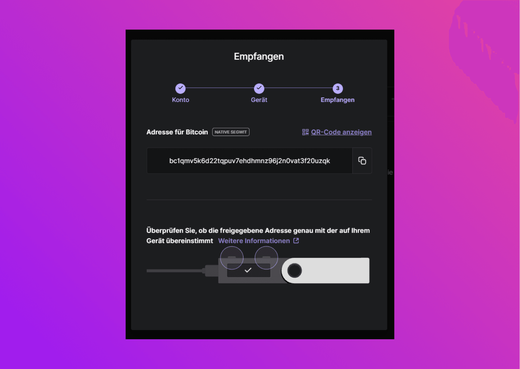 Bildschirmfoto Ledger Live mit der Bitcoin Adresse