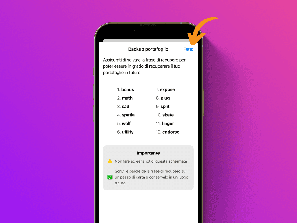 Schermata dell'app Bitkipi con la frase di recupero visualizzata