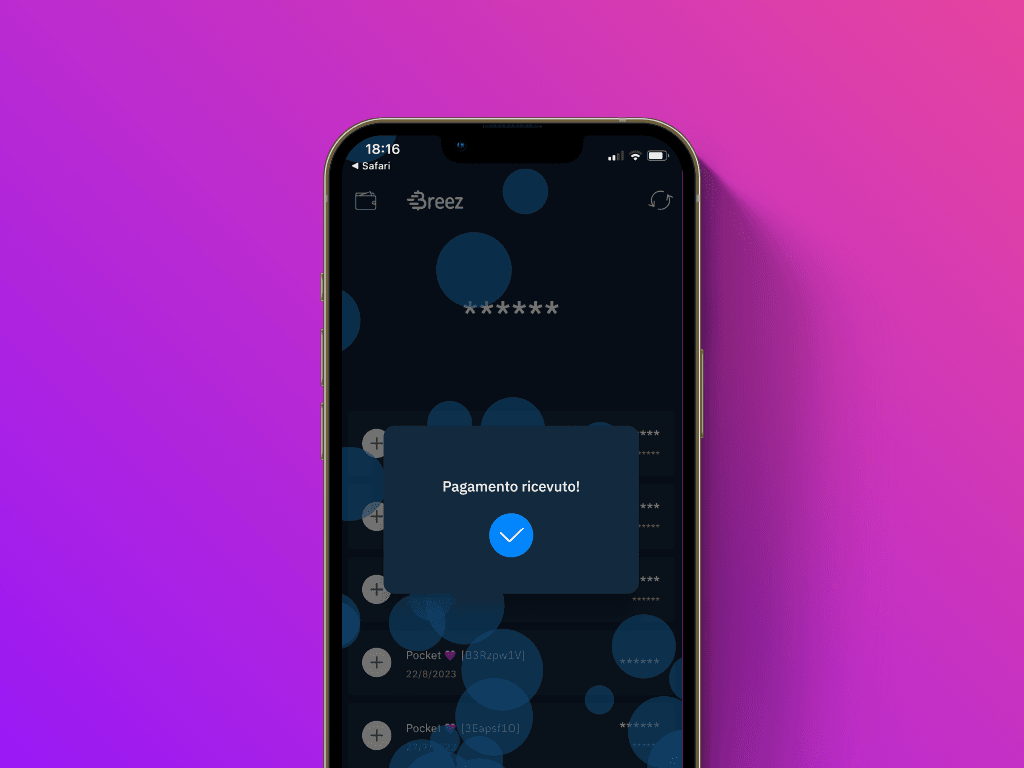 Schermata di conferma della ricevuta di pagamento nell'app Breez