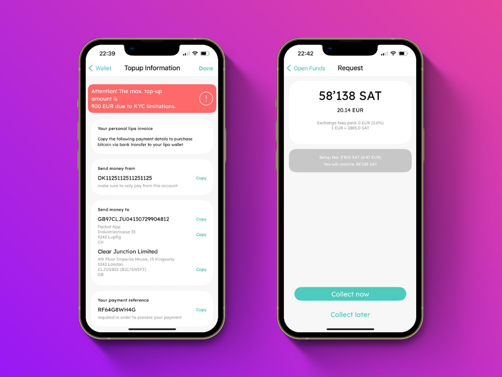 Zahlungsdetailbildschirm neben dem Zahlungseingangsbildschirm in der lipa-App