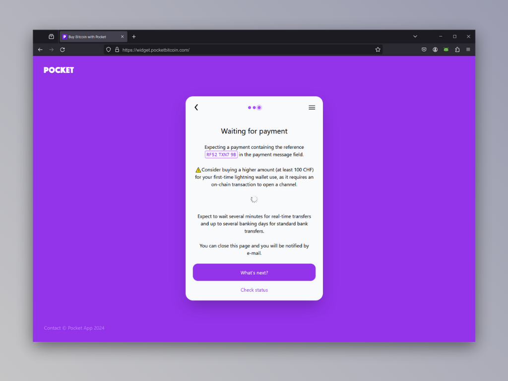 Screenshot of confirmation screen with payment details from Pocket's Lightning Top-Up Service