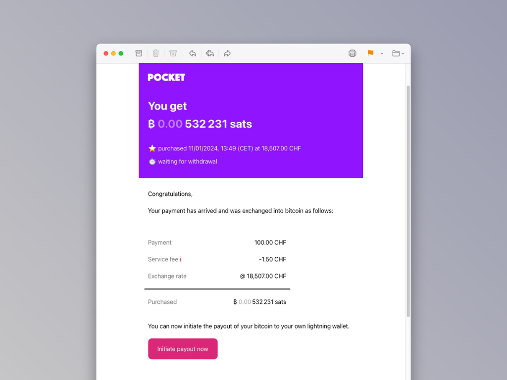 Screenshot of the payout email after the transfer to Pocket