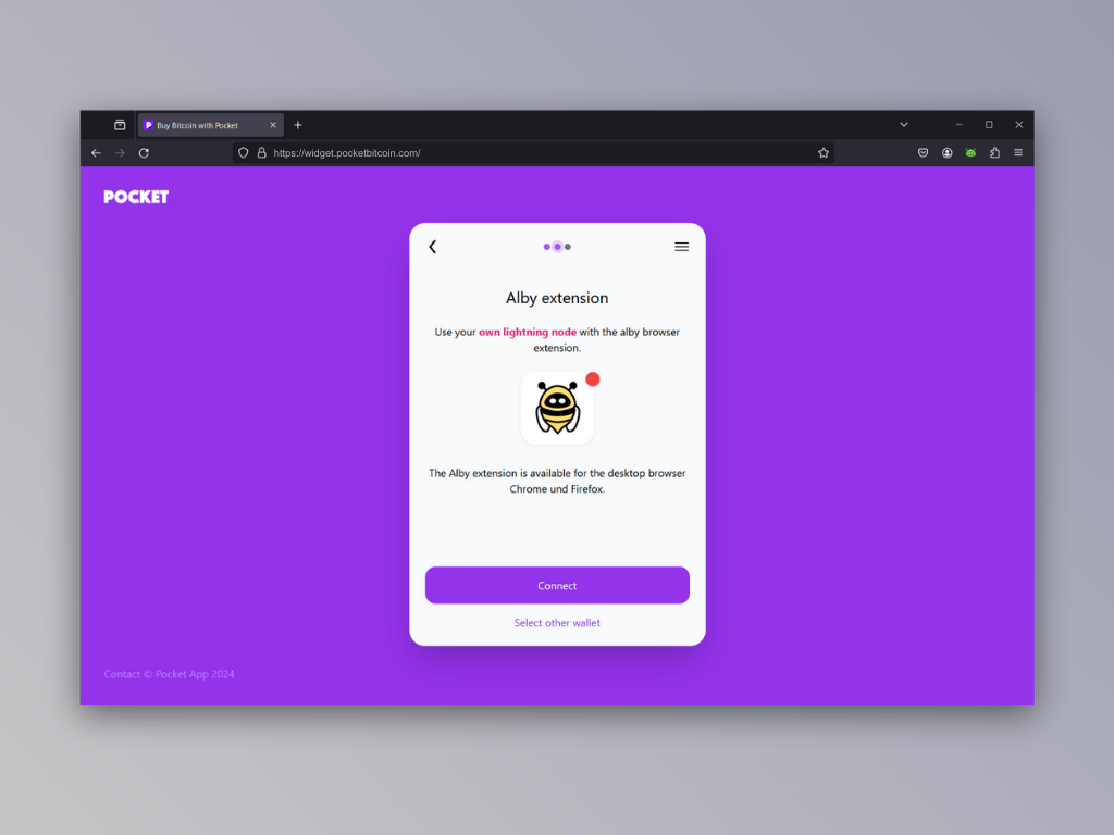 Screenshot of the Alby wallet connect screen of Pocket's Lightning top-up service