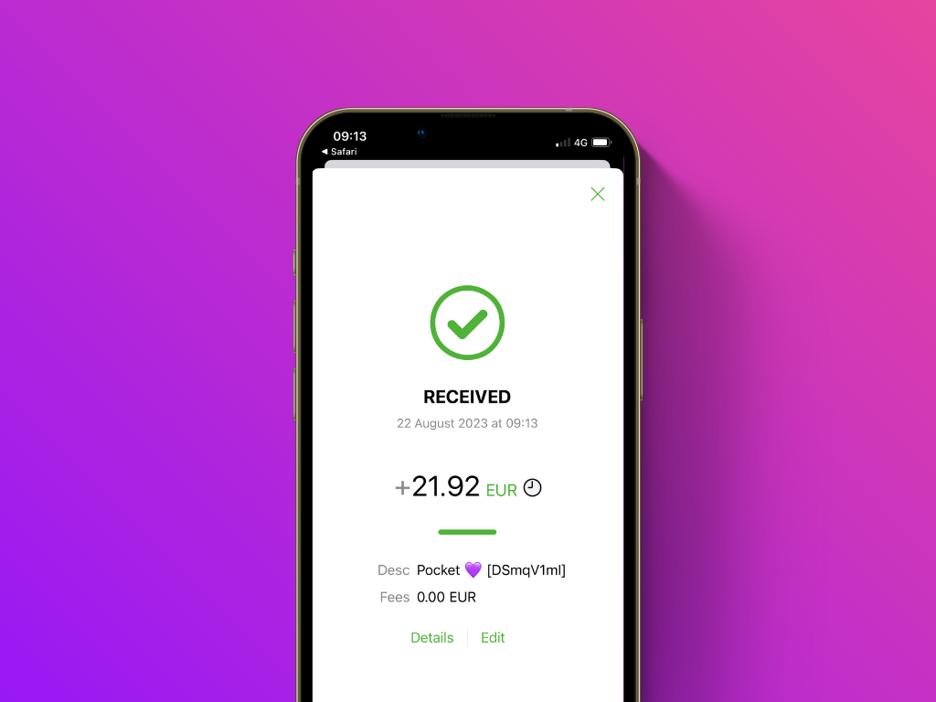 Schermata di conferma della ricevuta di pagamento nell'app Phoenix