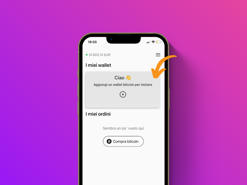 Schermata dell'App Pocket con puntatore sul pulsante "Aggiungi wallet"