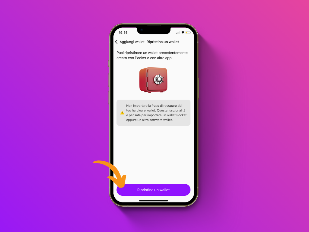 Schermata dell'App Pocket con puntatore sul pulsante "Ripristina un wallet"