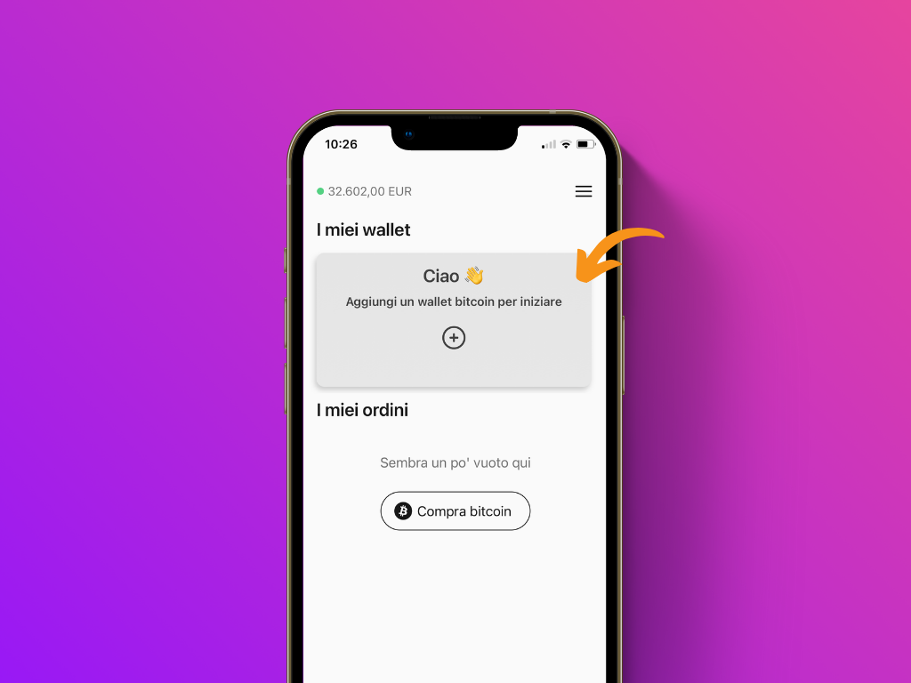 Schermata dell'app Pocket con il puntatore sulla piastrella "Aggiungi un wallet bitcoin per iniziare"
