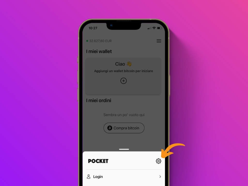Schermata dell'app Pocket con il puntatore sull'icona della ruota dentata
