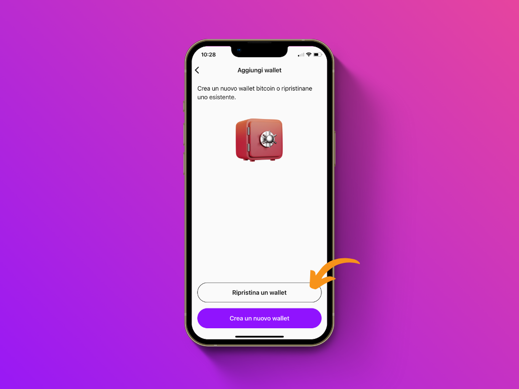 Schermata dell'app Pocket con il puntatore sul pulsante "Ripristina un wallet"