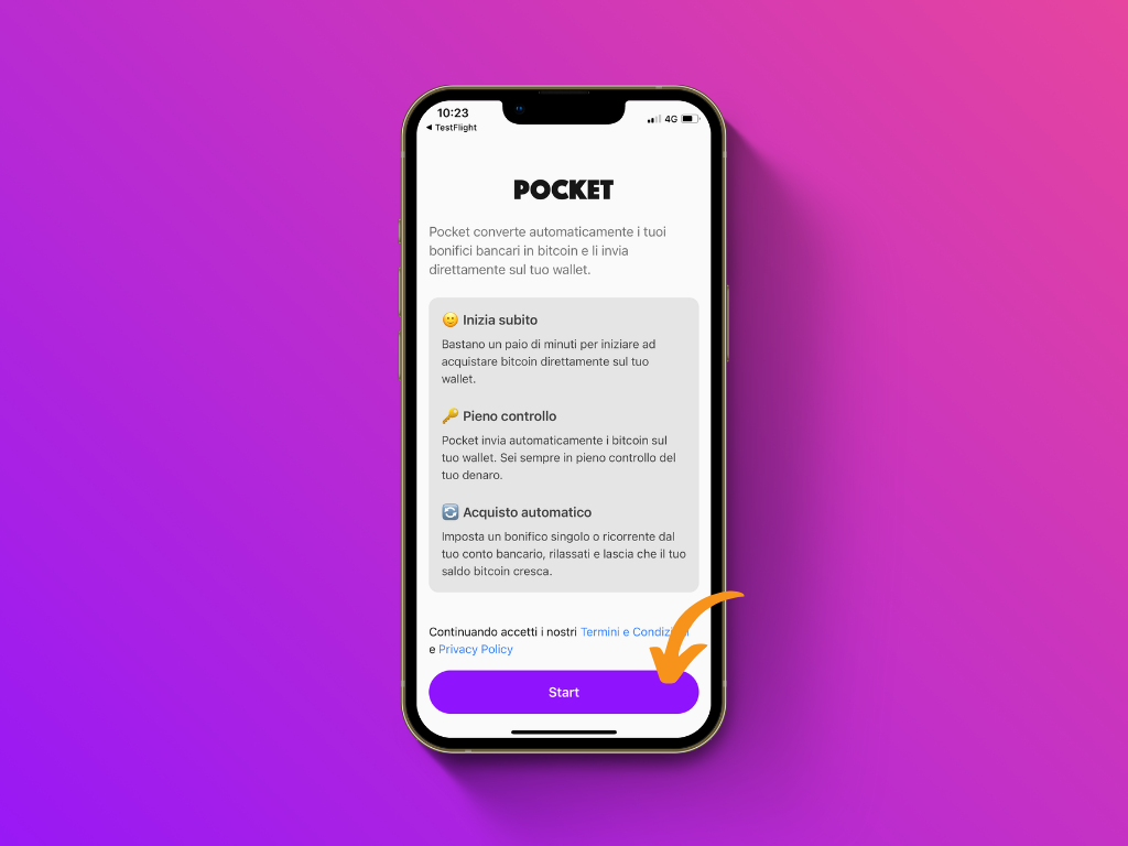 Schermata dell'app Pocket con schermata informativa alla prima apertura