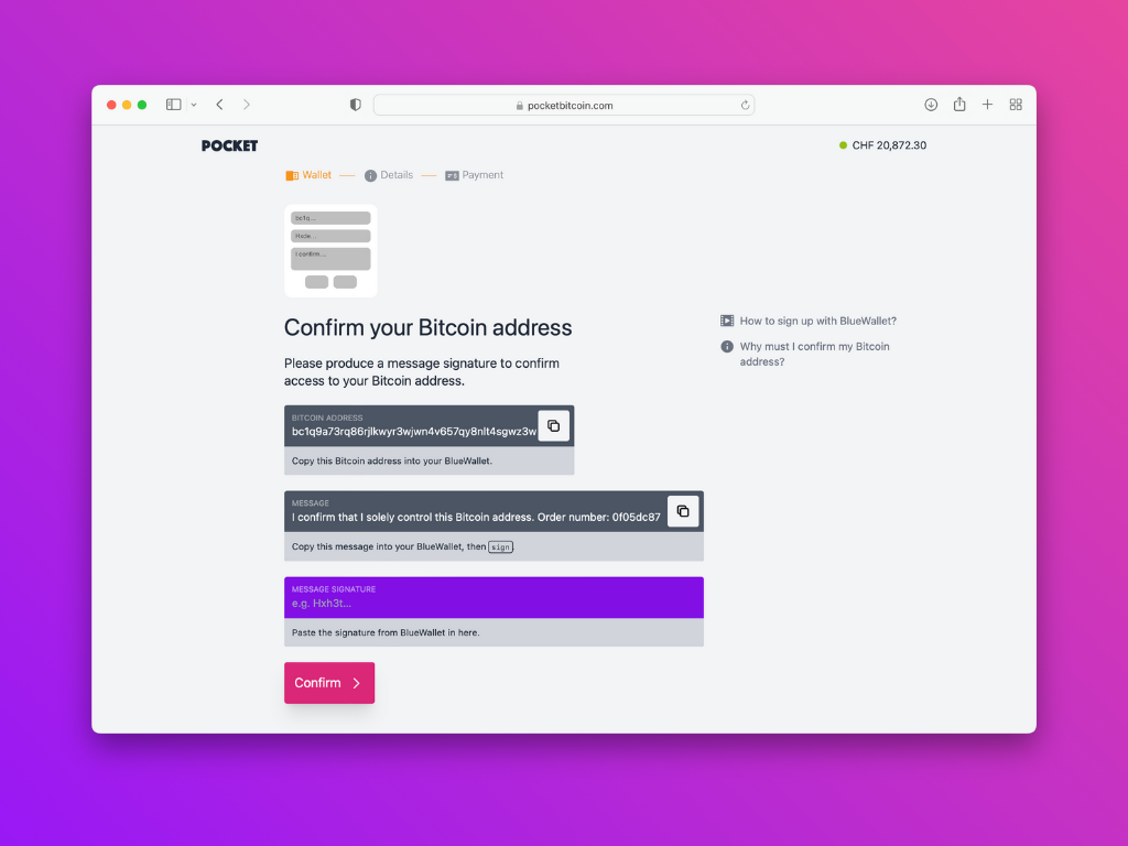 Screenshot of Pocket website to confirm bitcoin address 