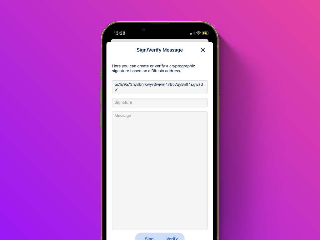 Screenshot of the BlueWallet with one field for signature and one for message