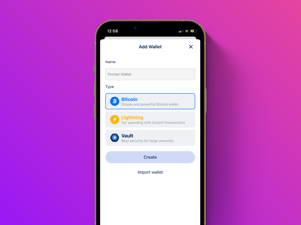 Screenshot of BlueWallet with wallet selection
