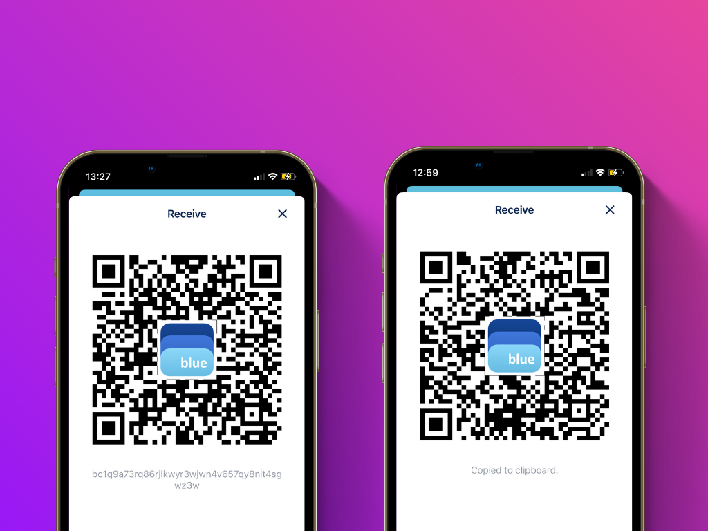 Screenshot of BlueWallet with the QR code and bitcoin address