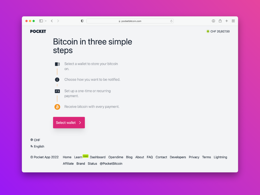 Screenshot of the Pocket website with the Select Wallet button