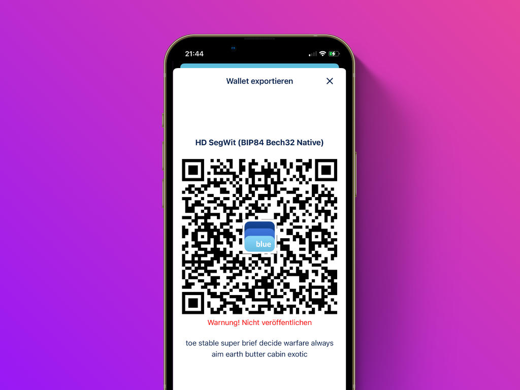 Screenshot of BlueWallet with the QR code for exporting your wallet