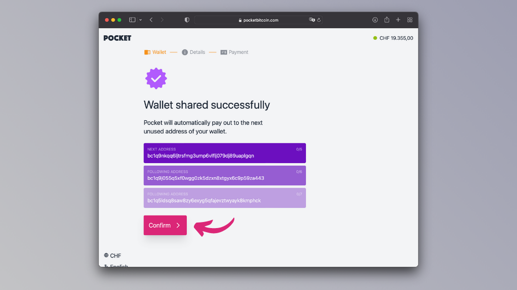 Screenshot of your successfully shared Bitcoin wallet on the Pocket website