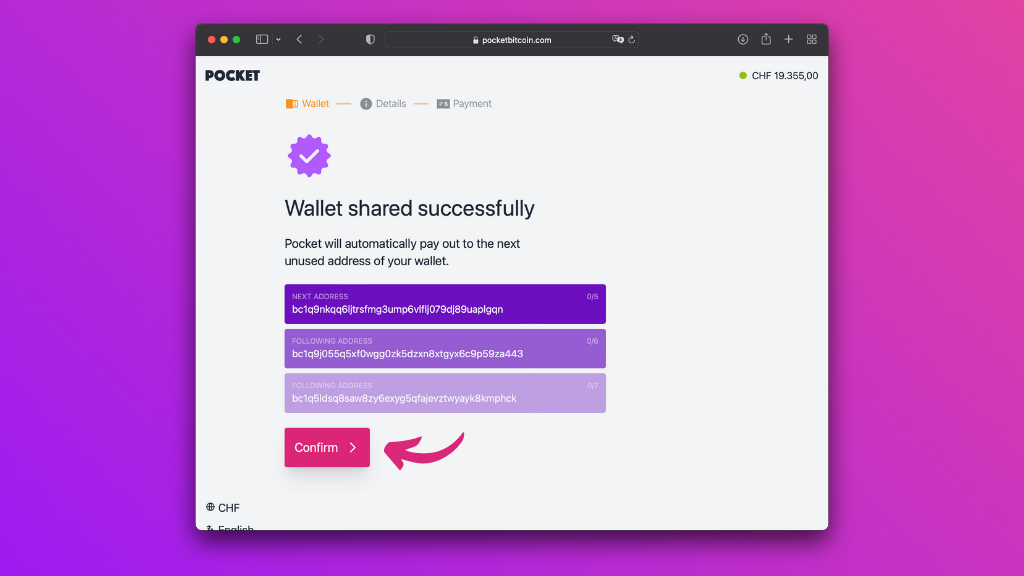 Screenshot of the Pocket website with the successfully shared bitcoin wallet addresses