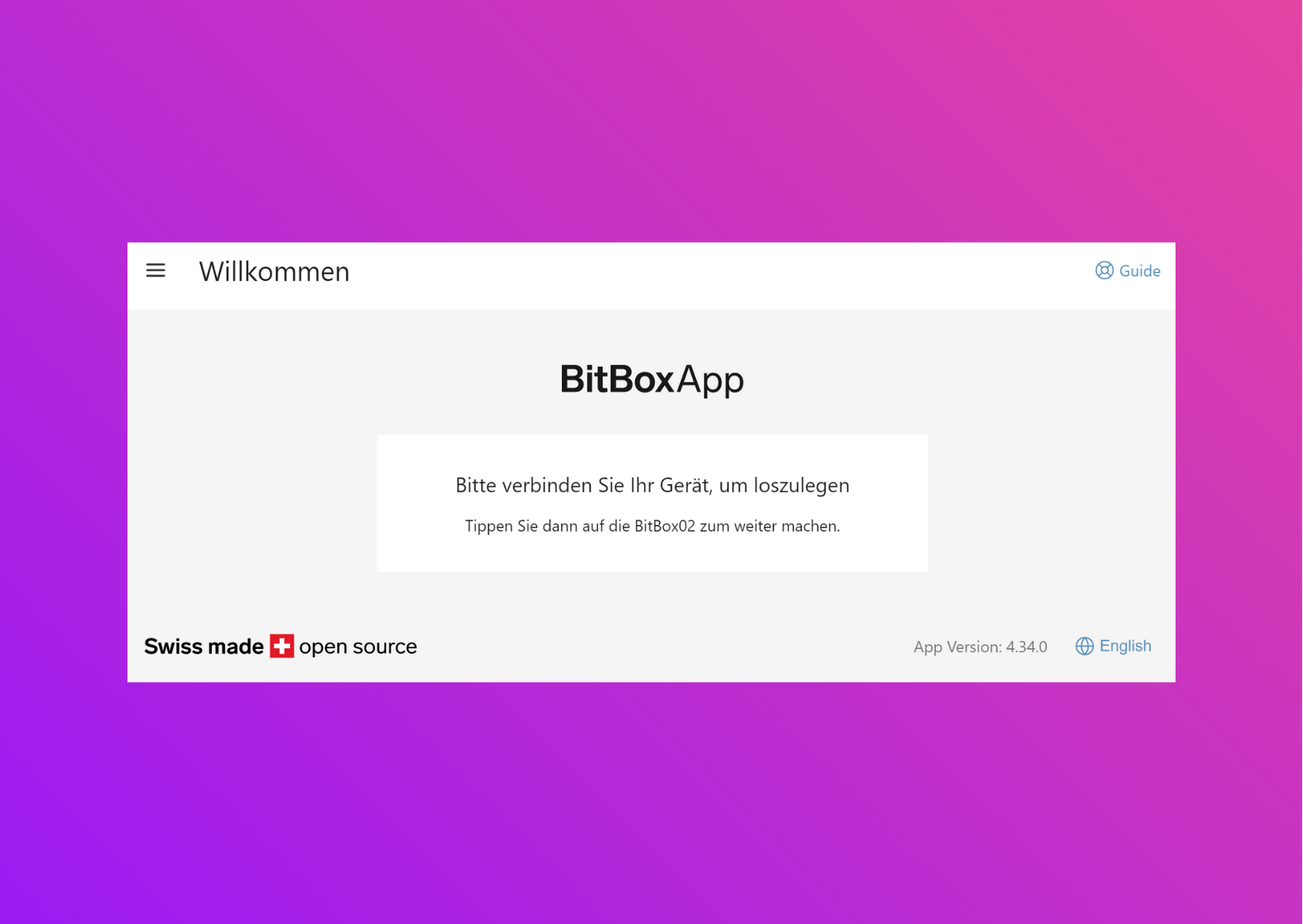 Bildschirmfoto mit der BitboxApp mit der Aufforderung, die Bitbox02 zu verbinden