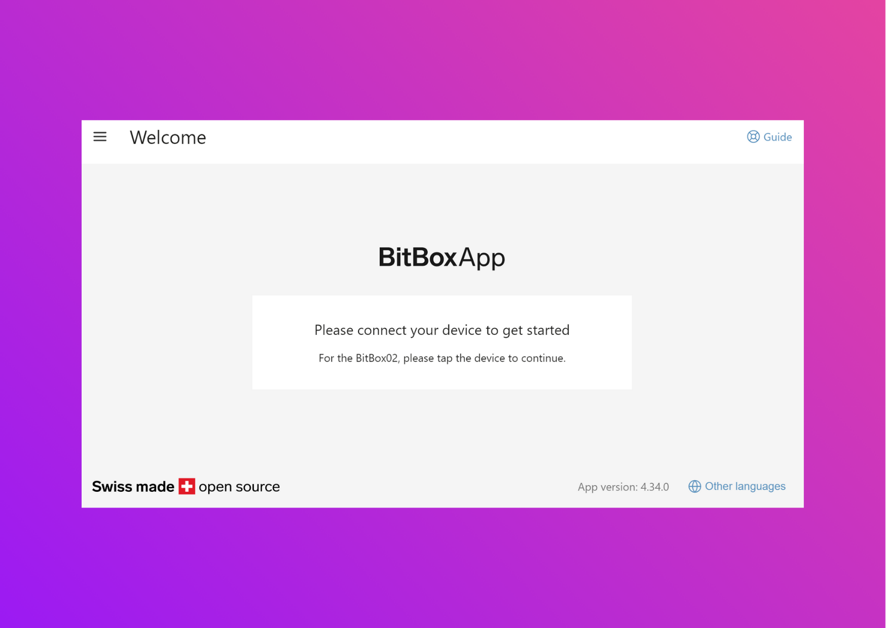 Screenshot showing the BitboxApp prompting you to connect the Bitbox02