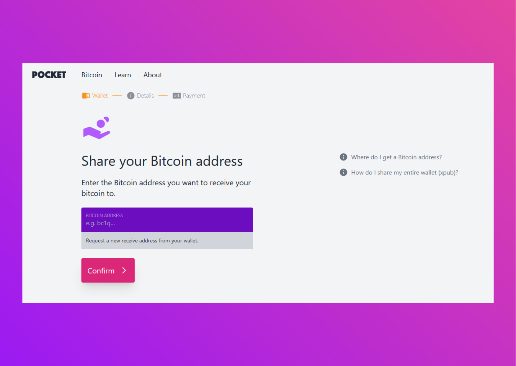 Screen capture Pocket Website Share your bitcoin address