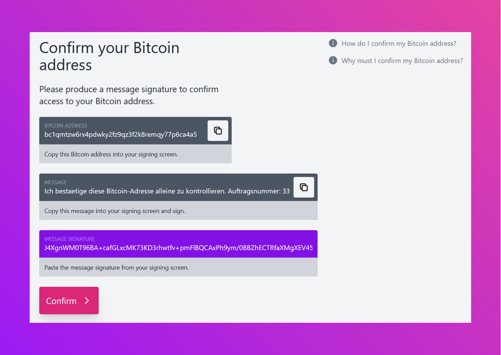 Screen capture pocket website confirm your bitcoin address