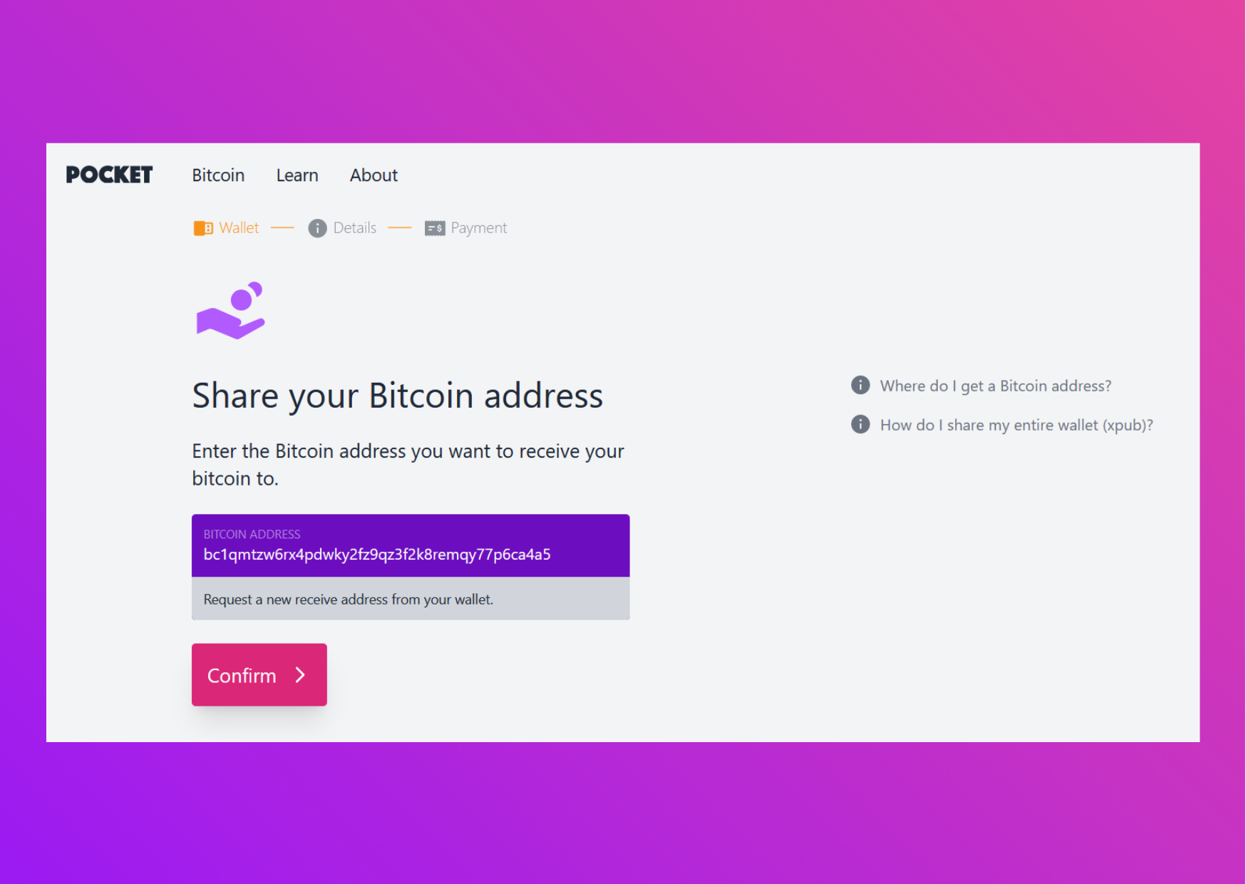 Screen capture pocket website Share your bitcoin address