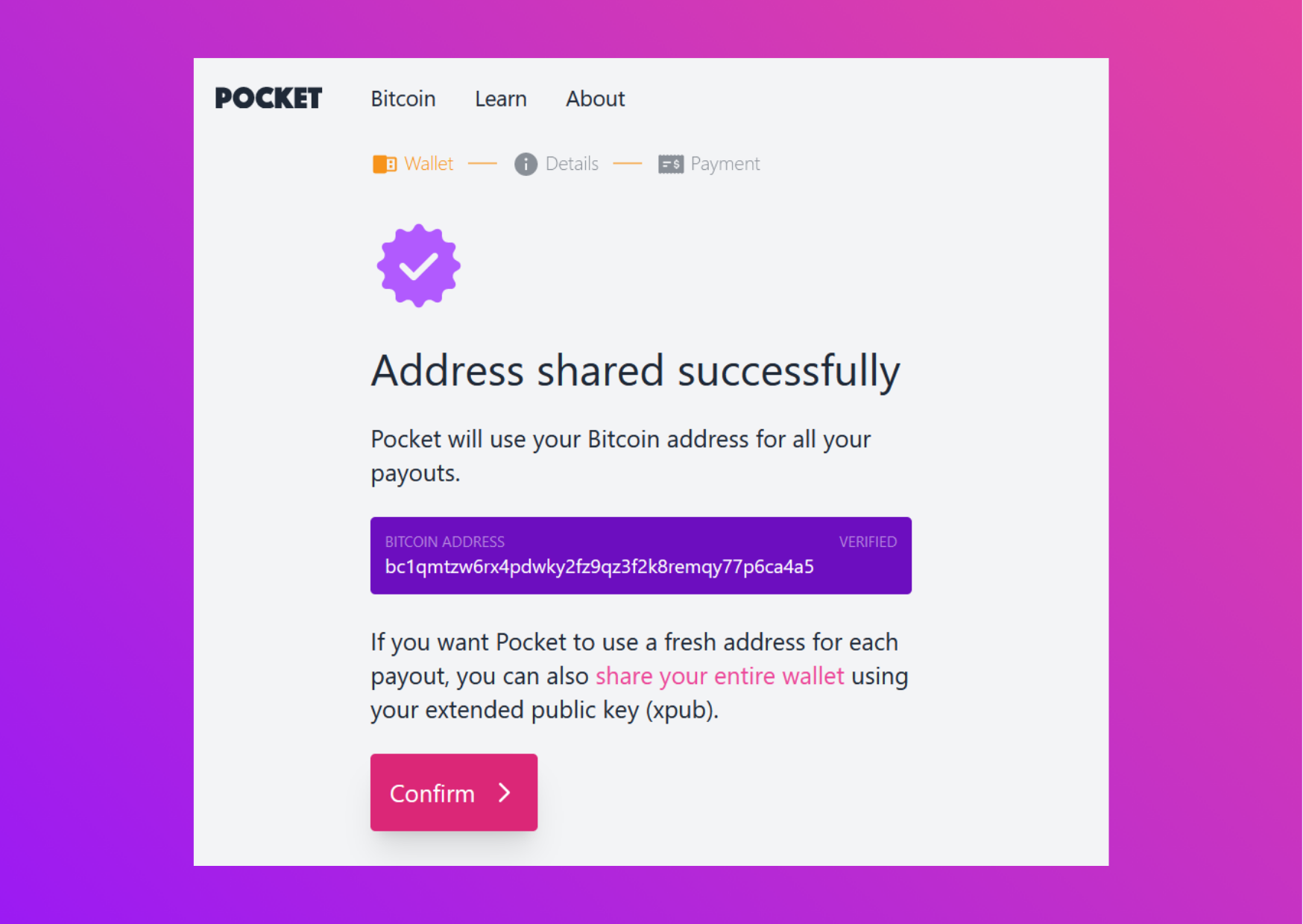 Screen capture Pocket website address successfully shared