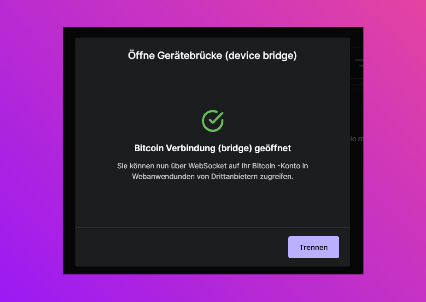 Bildschirmfoto Ledger Live Bitcoin Verbindung geöffnet
