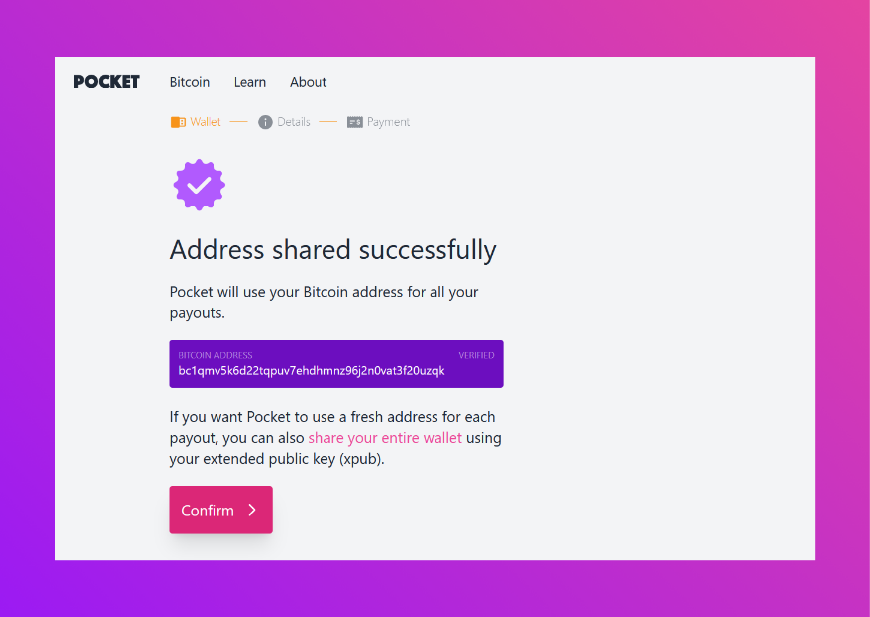 Screenshot of Pocket website address successfully shared
