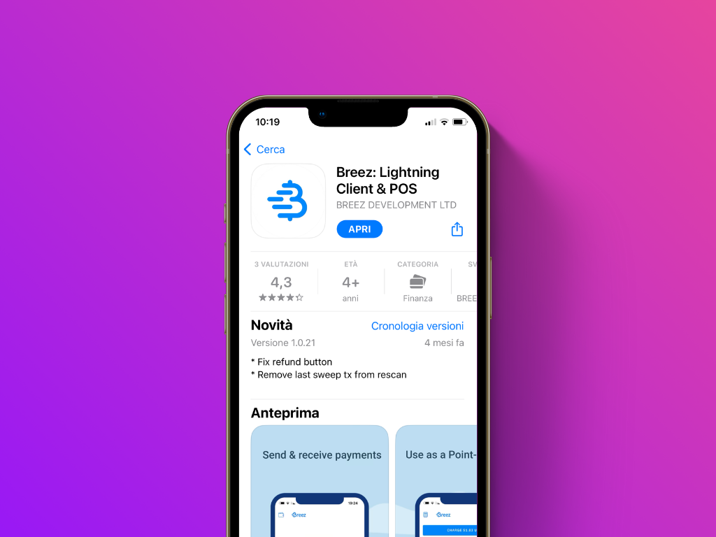 Screenshot della schermata di download di Breez Wallet nell'App Store di Apple