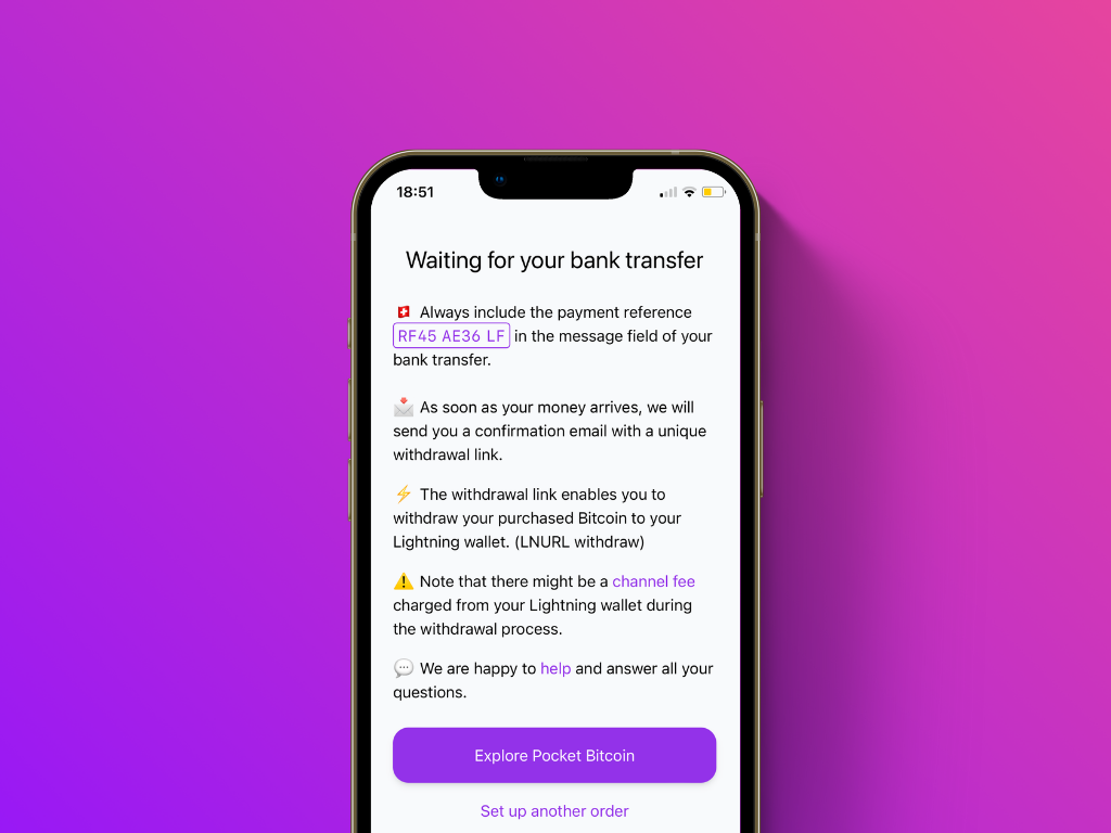 Screenshot of confirmation screen with payment details from Pocket's Lightning Top-Up Service