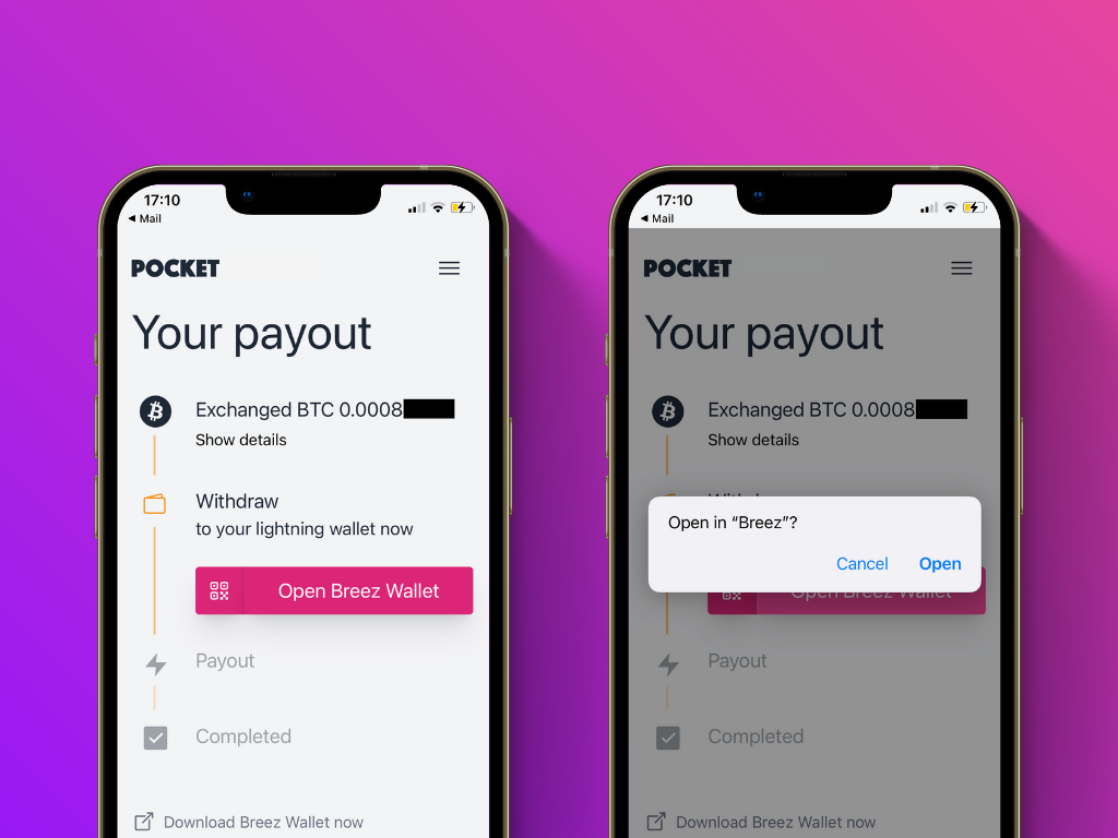 Screenshot of the payout screen in Pocket's Lightning top-up service