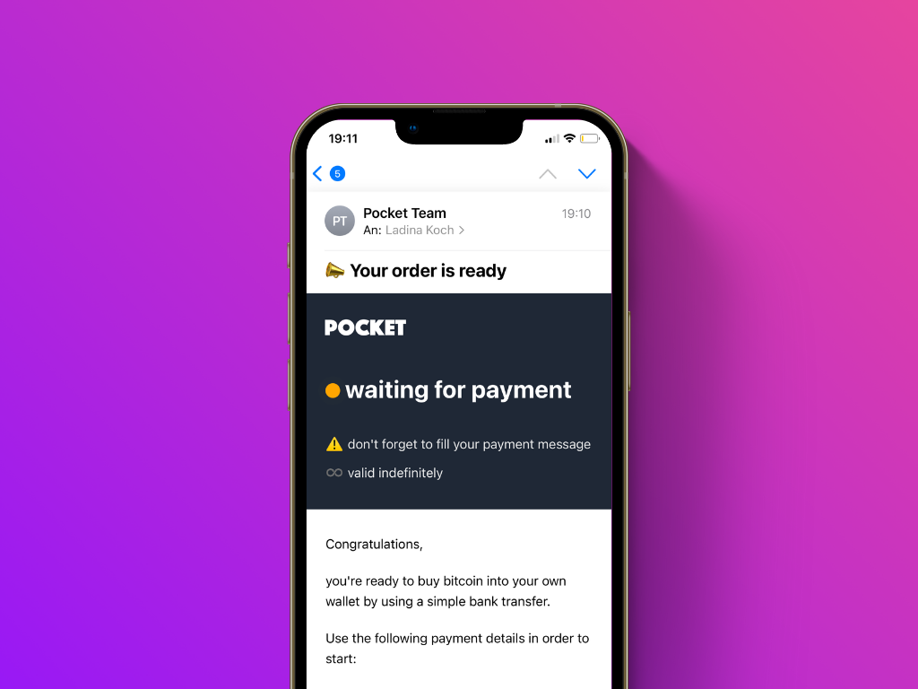 Screenshot of the confirmation email from Pocket after order creation