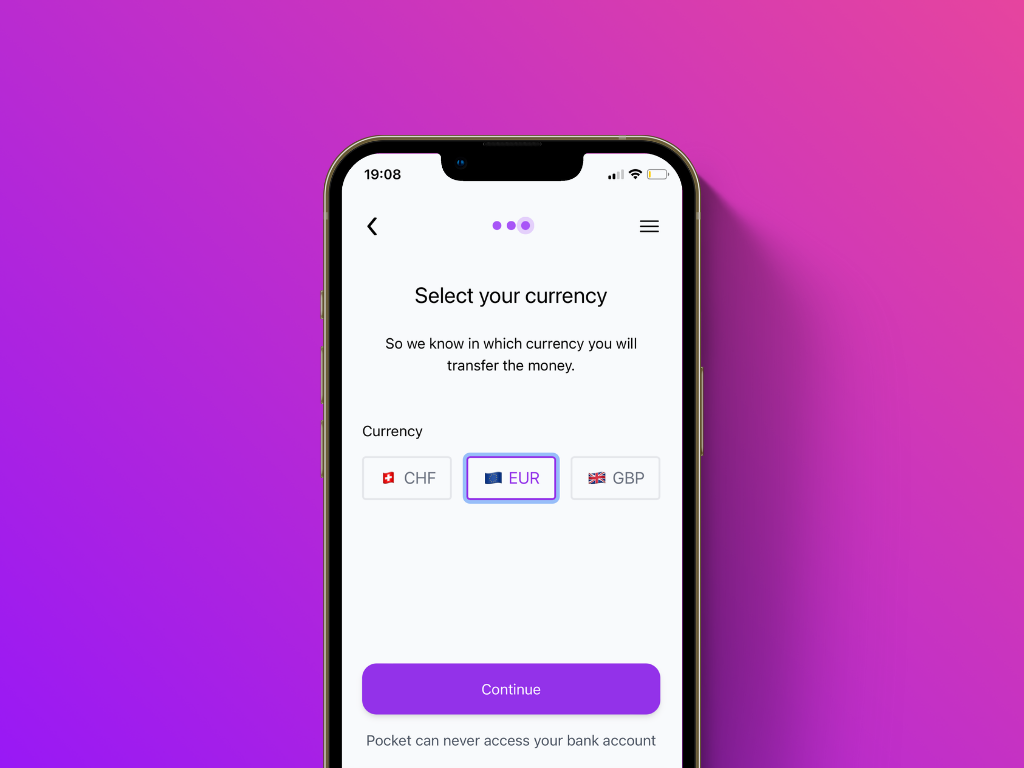 Screenshot of the currency selection screen of Pocket's Lightning top-up service