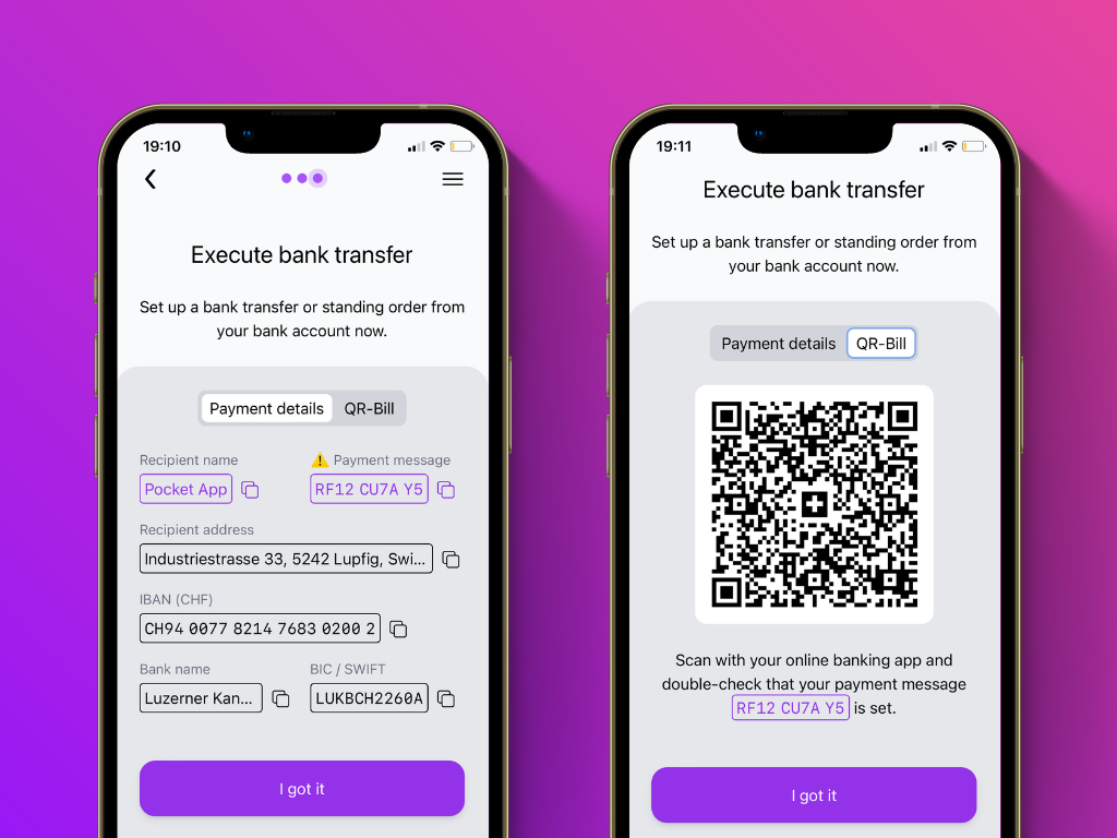 Screenshot of the confirmation screen with payment details of Pocket's Lightning top-up service