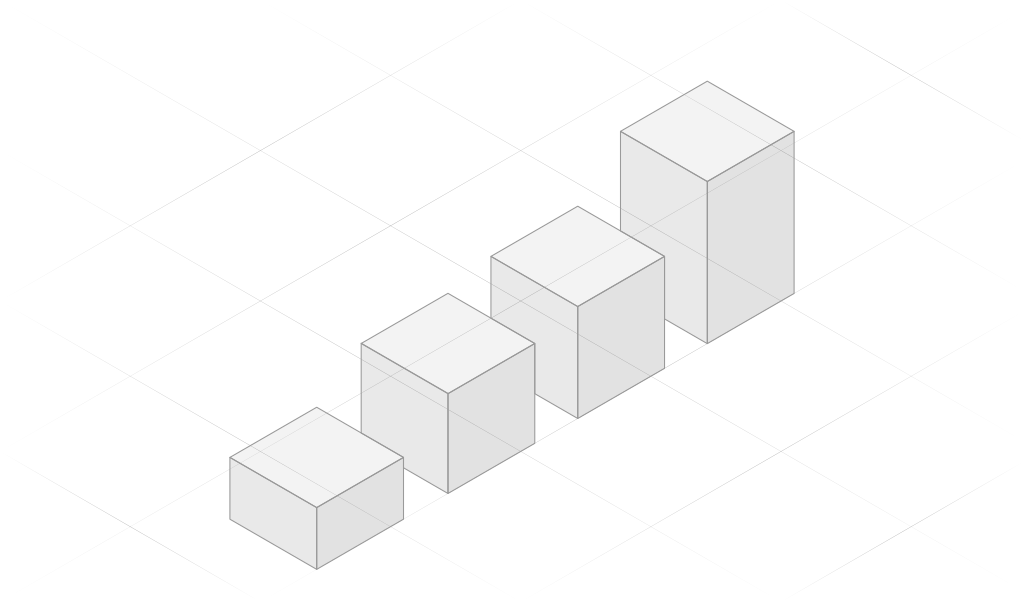 Isometrische Illustration vier kontinuierlich wachsender Balken eines Balkendiagramms