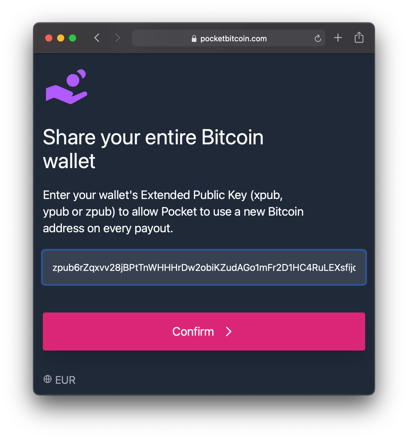 Screenshot of the form to share entire wallet on Pocket