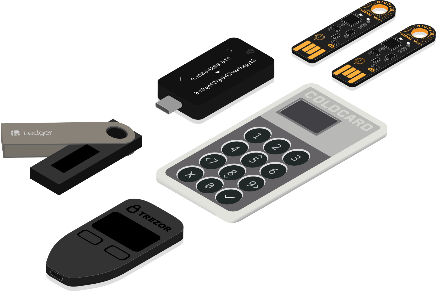 bitcoin hardware wallets (da sinistra a destra: trezor one, ledger nano s, coldcard mk3, bitbox02, due opendime)